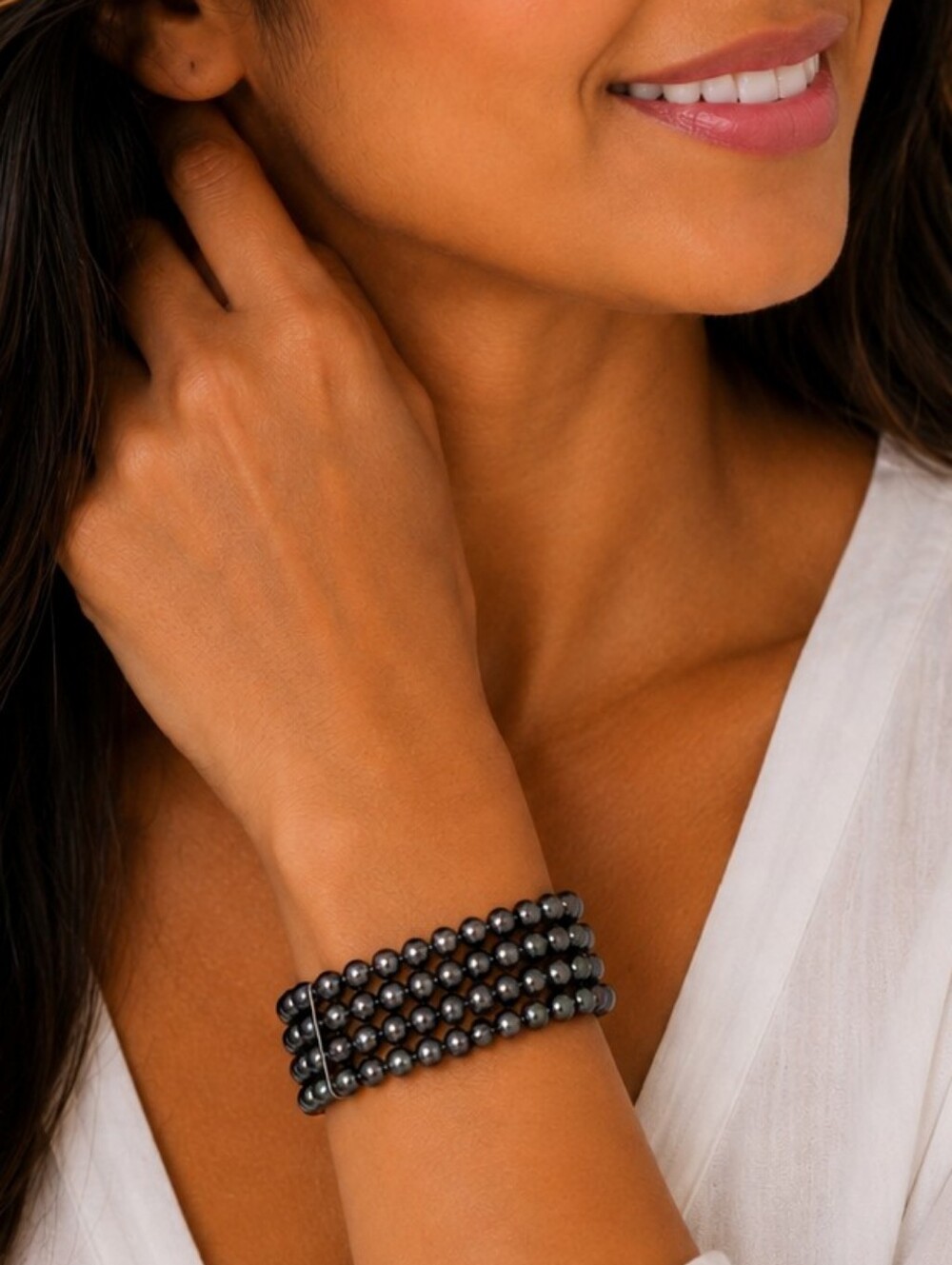 💎Gray Pearl Coil Wrap Bracelet Multi Strand Stretch Beaded Bracelet